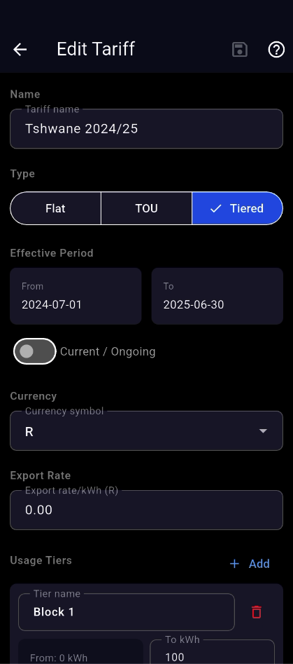 Edit tariff